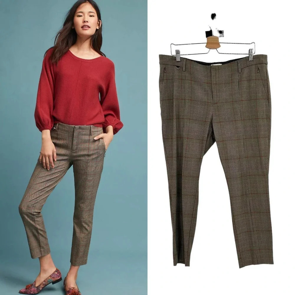 Anthropologie The Essential Slim Trouser Pants Cropped‎ Plaid Brown Tan Size 14
